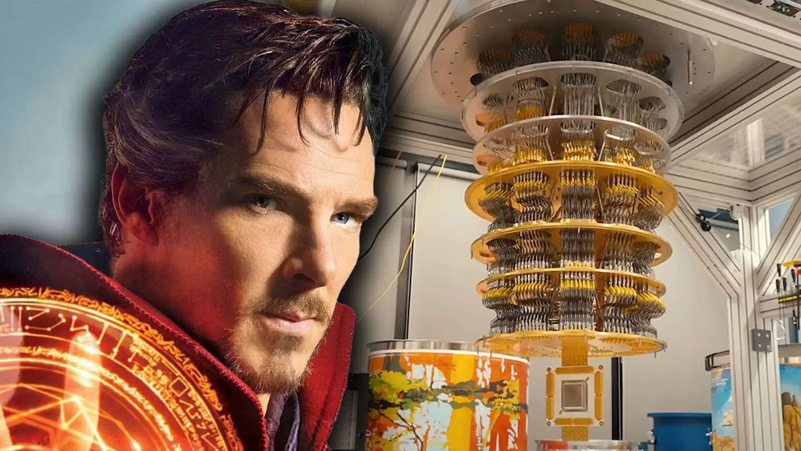 A photo of Doctor Strange next to Google's Willow Quantum Computer.