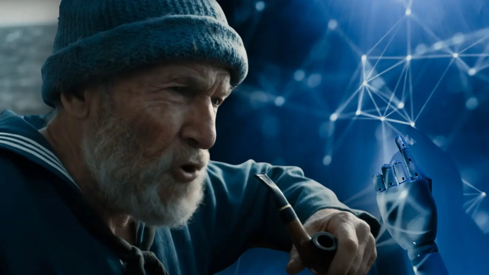 Still from a sailor in AI generated movie clip from Veo 3 and stock image of robotic hand
