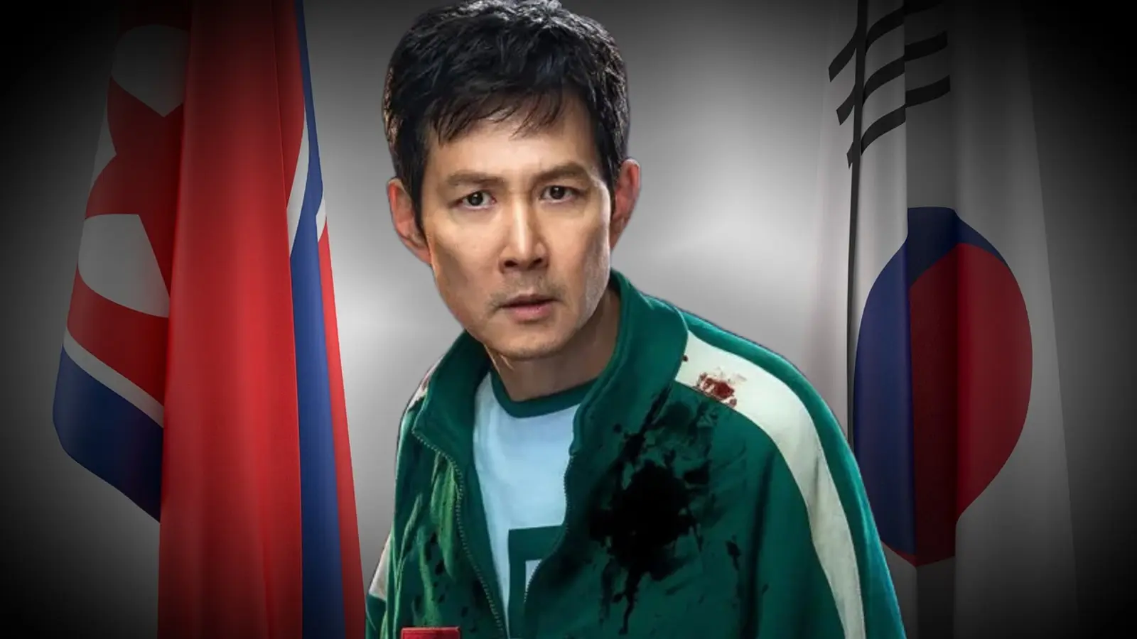 Gi-hun between the North Korea and South Korea flags