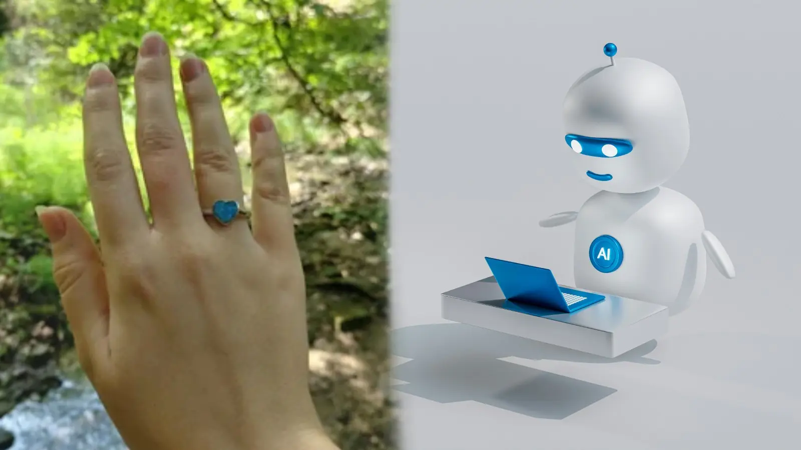 Woman with engagement ring next to AI Chatbot