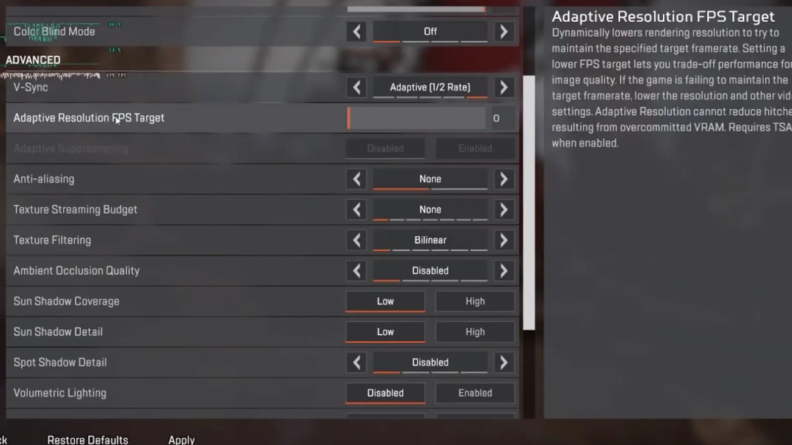 A Screenshot of the graphics settings in Apex Legends via ImSpeedyGonzales