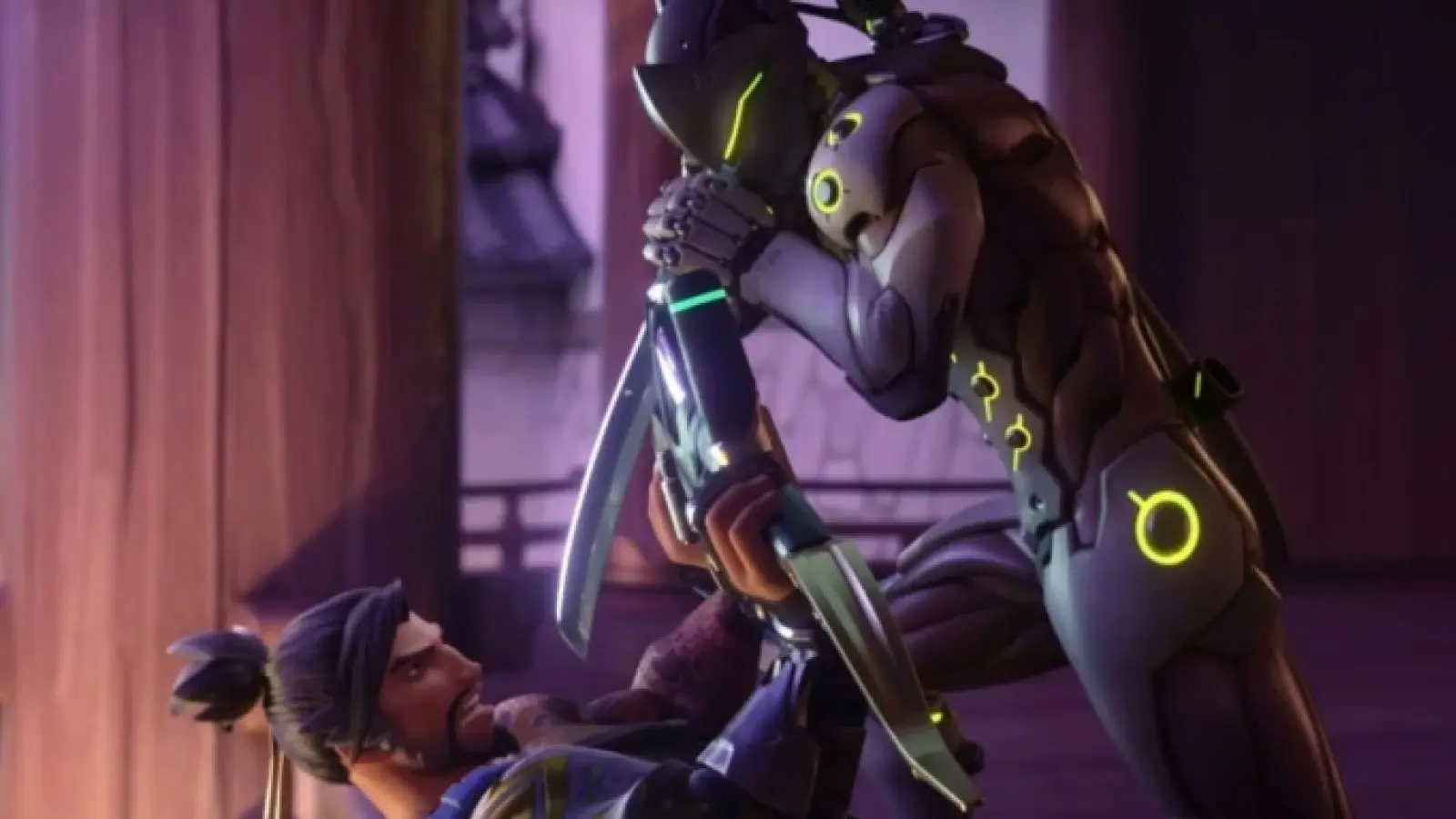 Genji puts his blade to Hanzo